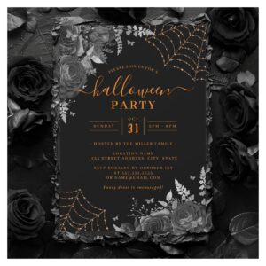 Dark Spooky Floral Cobwebs Orange Halloween Party Invitation
