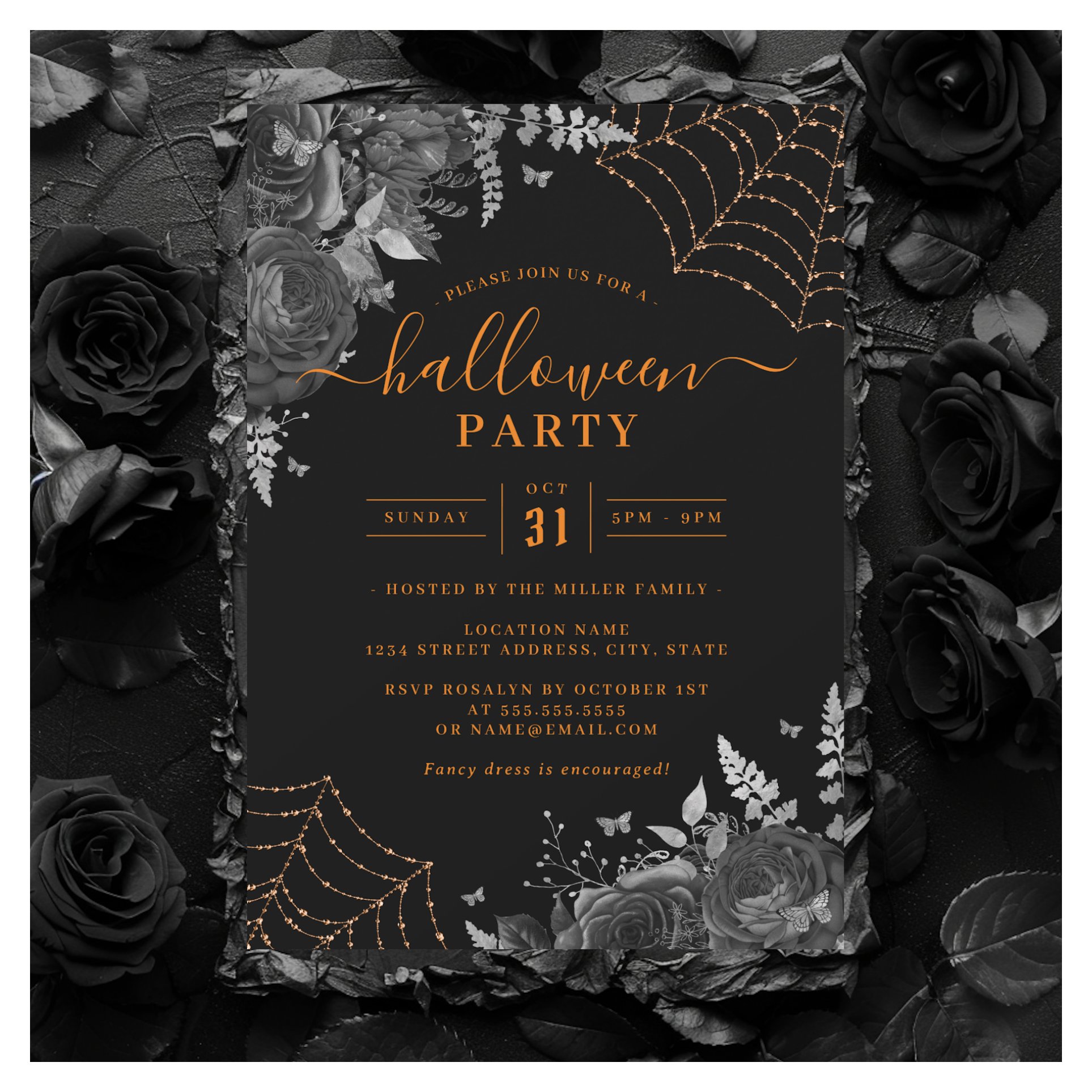 Dark Spooky Floral Cobwebs Orange Halloween Party Invitation