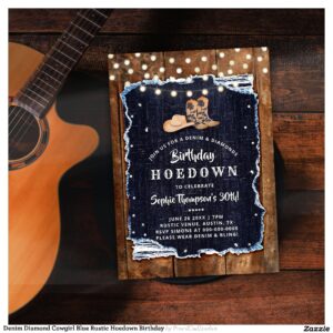 Denim Diamond Cowgirl Blue Rustic Hoedown Birthday Invitation