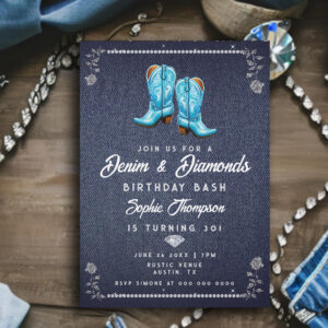 Denim Diamonds Rustic Cowgirl Boots Birthday Party Invitation