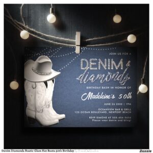 Denim Diamonds Rustic Glam Hat Boots 50th Birthday Invitation