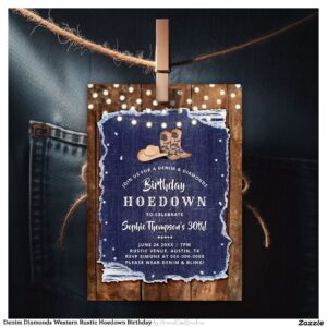 Denim Diamonds Western Rustic Hoedown Birthday Invitation