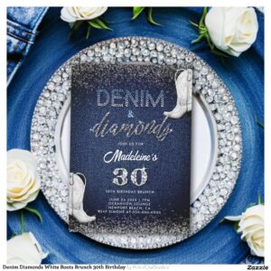 Denim Diamonds White Boots Brunch 30th Birthday Invitation