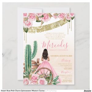 Desert Rose Pink Charra Quinceanera Western Cactus Invitation