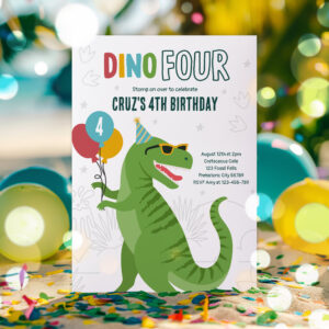 Dino Four T-Rex Dinosaur 4th Birthday Party Invitation