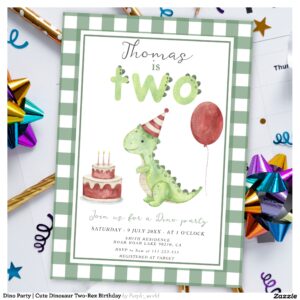 Dino Party Cute Dinosaur Two-Rex Birthday Invitation