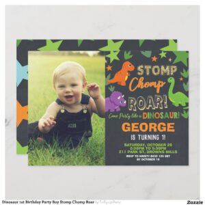 Dinosaur 1st Birthday Party Boy Stomp Chomp Roar Invitation