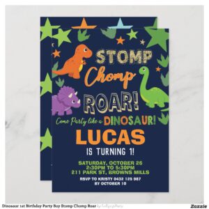 Dinosaur 1st Birthday Party Boy Stomp Chomp Roar Invitation