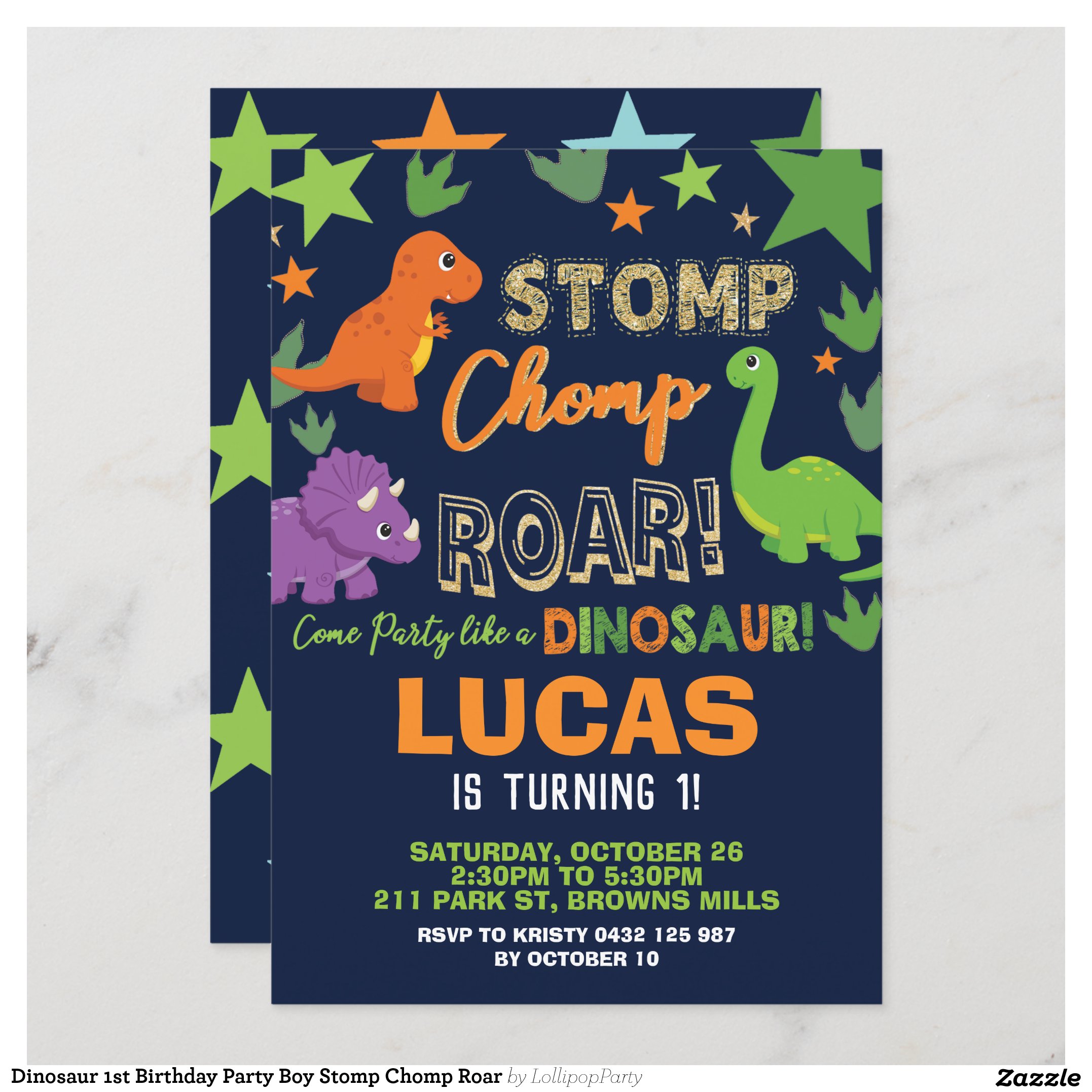 Dinosaur 1st Birthday Party Boy Stomp Chomp Roar Invitation