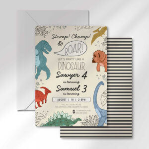 Dinosaur Birthday Invitation for Two Names & Ages