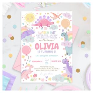 DINOSAUR BIRTHDAY Invitation Girl Three Rex