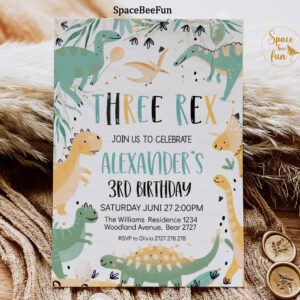 Dinosaur Birthday Three Rex Invitation Boy Dino