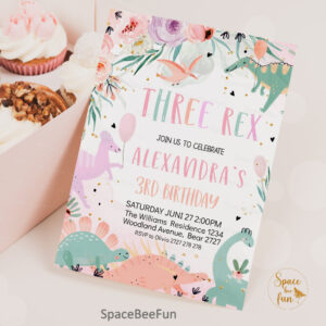 Dinosaur Birthday Three Rex Invitation Girl Dino