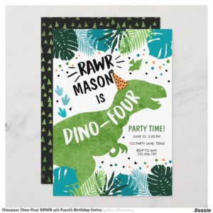 Dinosaur Dino-Four RAWR 4th Fourth Birthday Invita Invitation