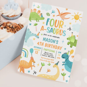 Dinosaur Four-A-Saurus 4th Birthday Party Invitation