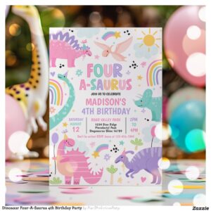 Dinosaur Four-A-Saurus 4th Birthday Party Invitation