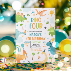 Dinosaur Four Boy T-Rex 4th Birthday Party Invitation