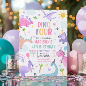 Dinosaur Four Pink T-Rex 4th Birthday Party Invitation