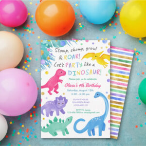 Dinosaur Girl Birthday Invitation Colorful Cute