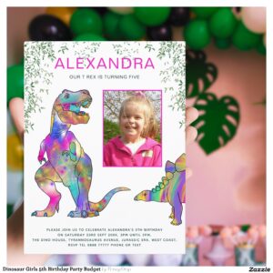 Dinosaur Girls 5th Birthday Party Budget Invitation Postcard