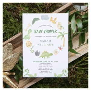 Dinosaur Green Watercolor Wreath Baby Shower Invitation