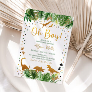 Dinosaur Greenery Gold Baby Shower Invitation