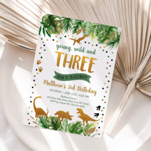 Dinosaur Greenery Gold Third Birthday Invitation
