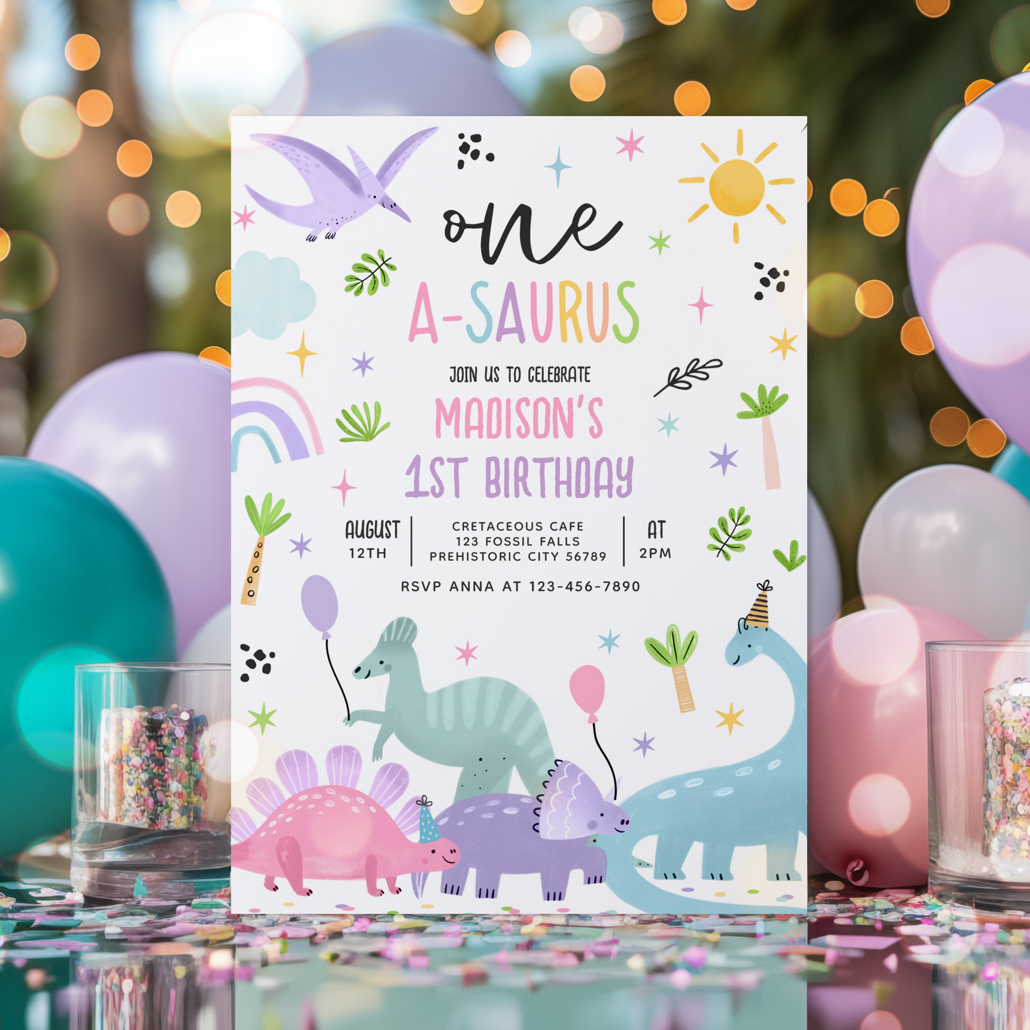 Dinosaur One-A-Saurs Pink T-Rex 1st Birthday Party Invitation