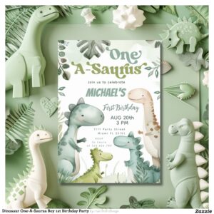 Dinosaur One-A-Saurus Boy 1st Birthday Party Invitation