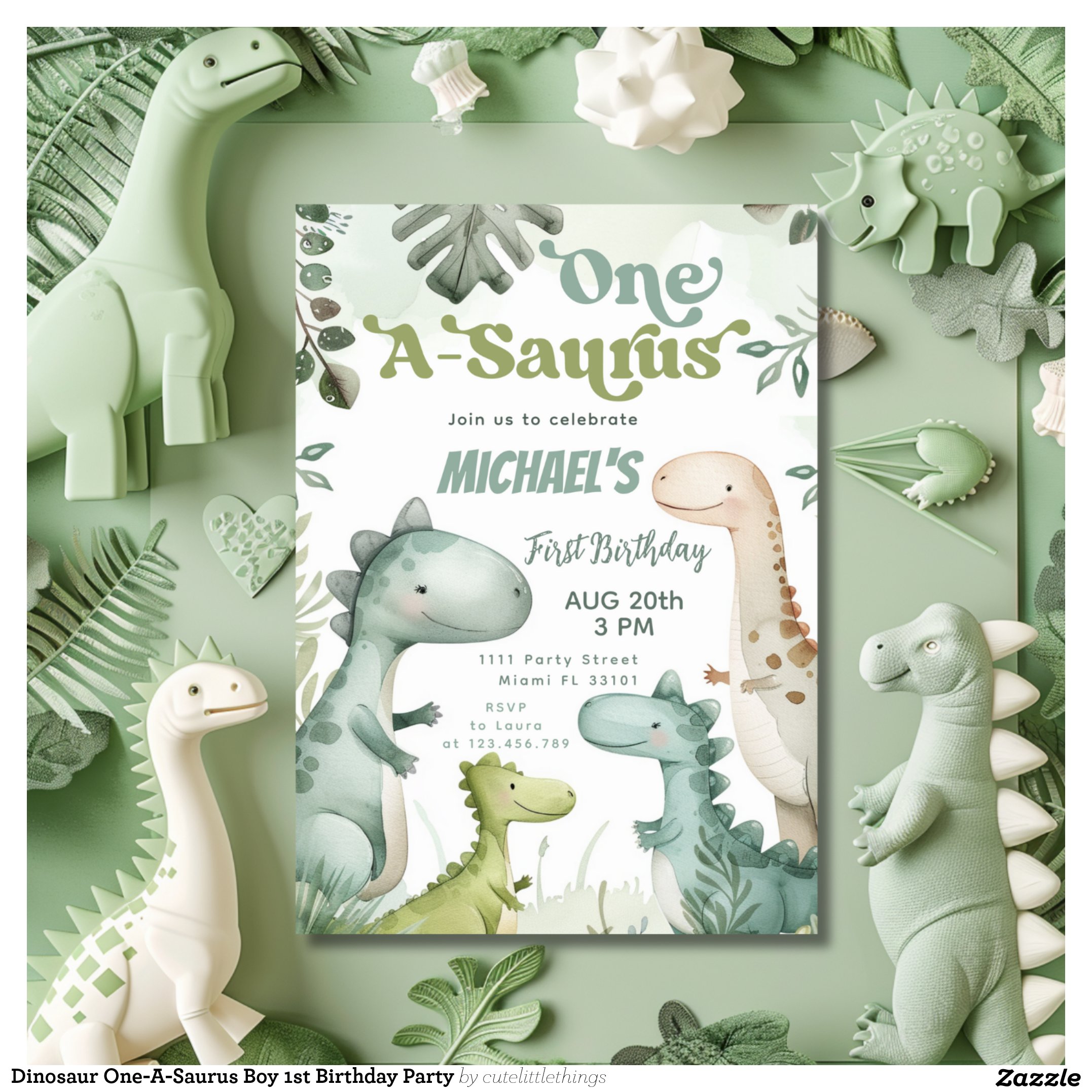 Dinosaur One-A-Saurus Boy 1st Birthday Party Invitation