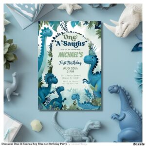Dinosaur One-A-Saurus Boy Blue 1st Birthday Party Invitation