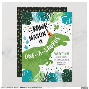 Dinosaur One-A-Saurus RAWR 1st First Birthday Invi Invitation