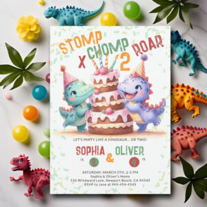 Dinosaur Party Cake Funny Joint Sibling Birthday Invitation