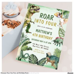 Dinosaur Roar Into Four 4th Birthday Party Invitation