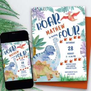 Dinosaur Roar .. is turning Four Boys 4th Birthday Invitation
