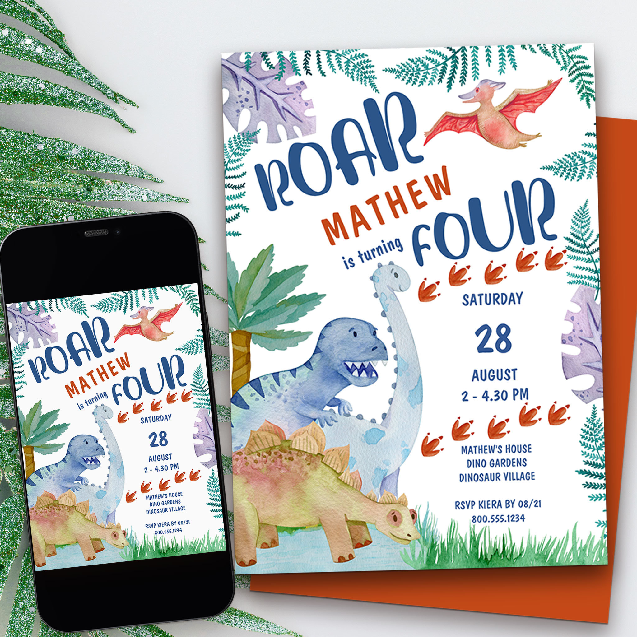 Dinosaur Roar .. is turning Four Boys 4th Birthday Invitation