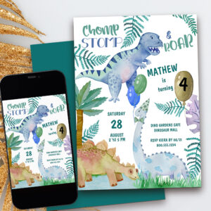 Dinosaur Stomp Chomp and Roar Boy Birthday Invitation