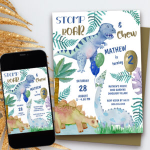 Dinosaur Stomp Roar and Chew Boys Birthday Party Invitation