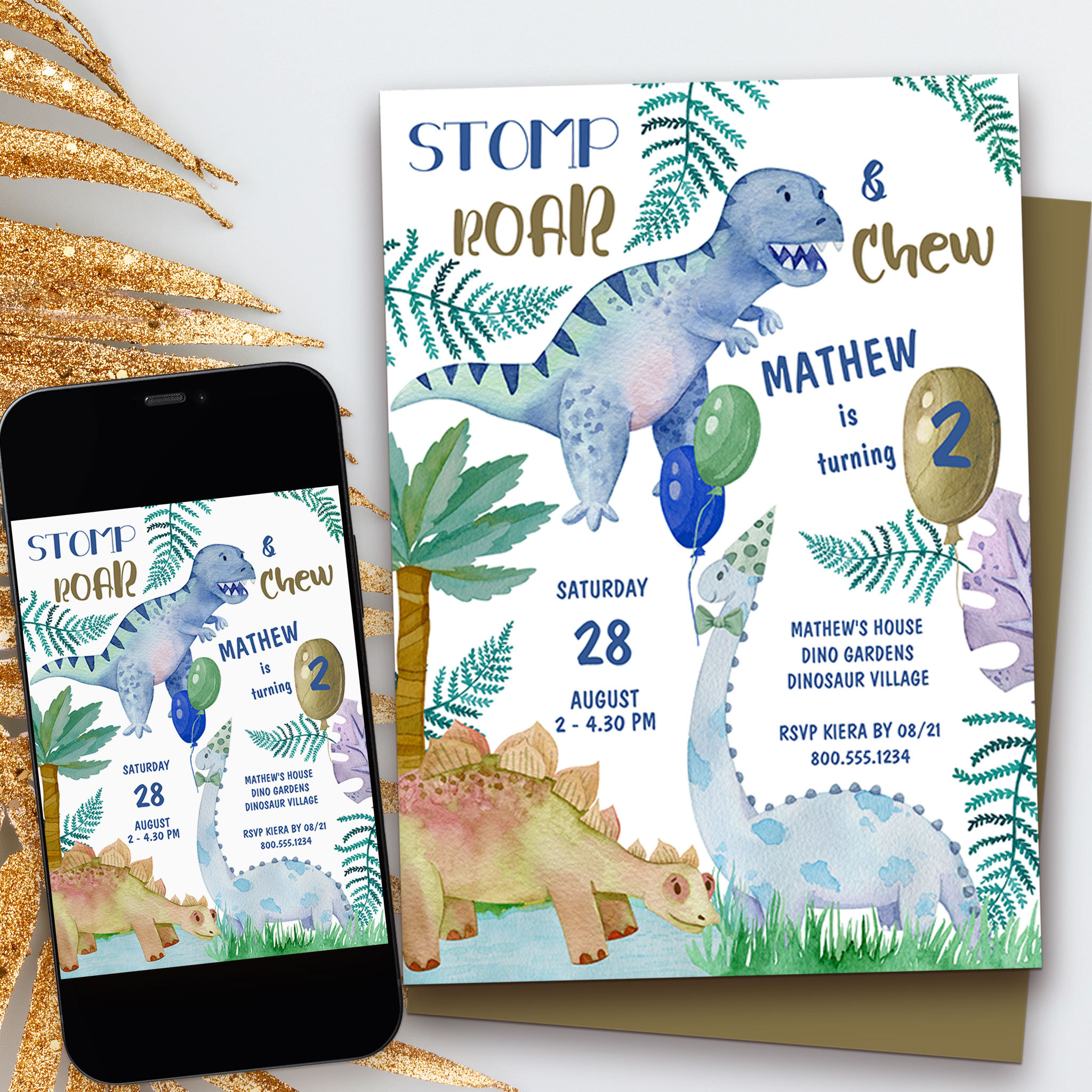 Dinosaur Stomp Roar and Chew Boys Birthday Party Invitation