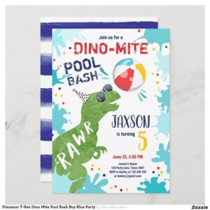 Dinosaur T-Rex Dino Mite Pool Bash Boy Blue Party Invitation