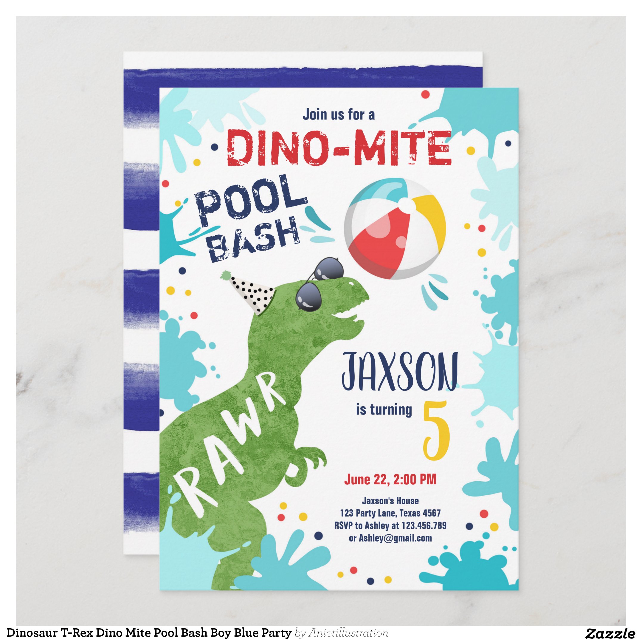Dinosaur T-Rex Dino Mite Pool Bash Boy Blue Party Invitation