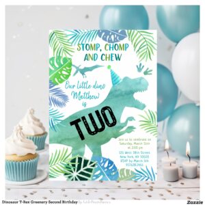 Dinosaur T-Rex Greenery Second Birthday Invitation