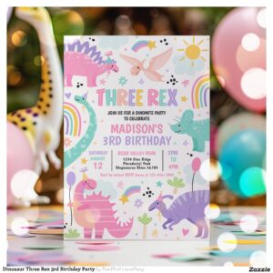 Dinosaur Three Rex 3rd Birthday Party Invitation