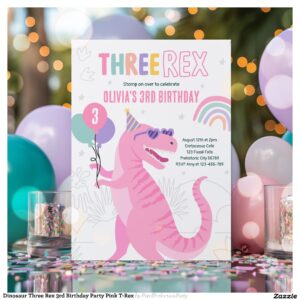 Dinosaur Three Rex 3rd Birthday Party Pink T-Rex Invitation