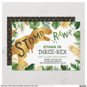 Dinosaur Three-Rex Birthday Invitation Boy Dino