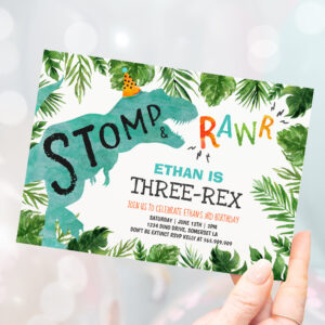 Dinosaur Three-Rex Birthday Invitation Boy Dino