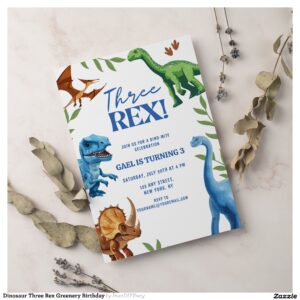 Dinosaur Three Rex Greenery Birthday Invitation