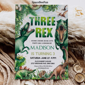 Dinosaur Three Rex Invitation Boy