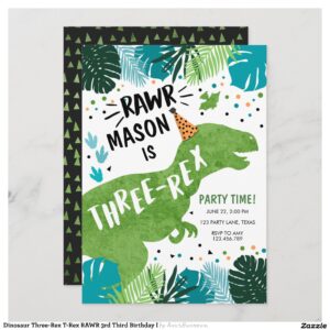 Dinosaur Three-Rex T-Rex RAWR 3rd Third Birthday I Invitation