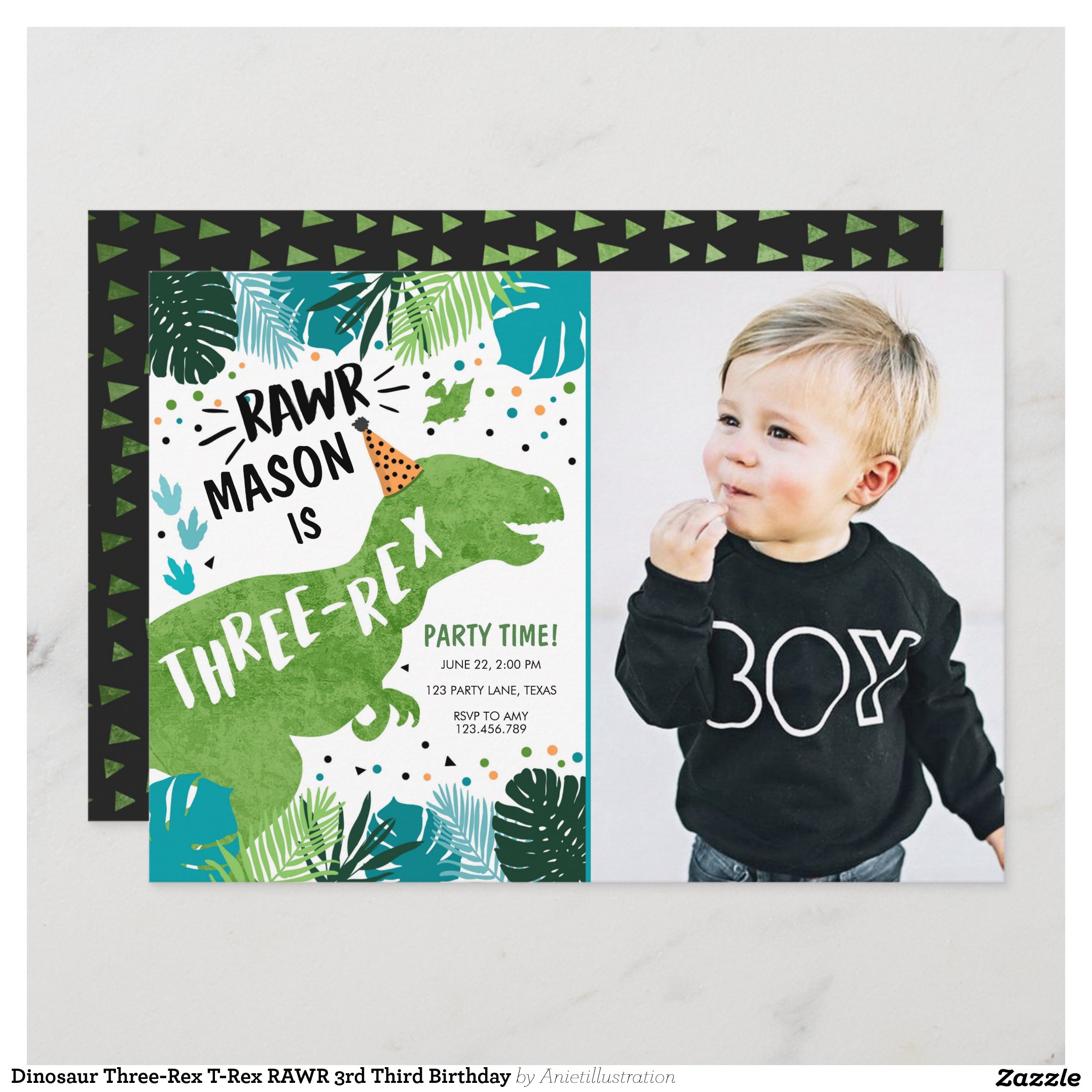 Dinosaur Three-Rex T-Rex RAWR 3rd Third Birthday Invitation